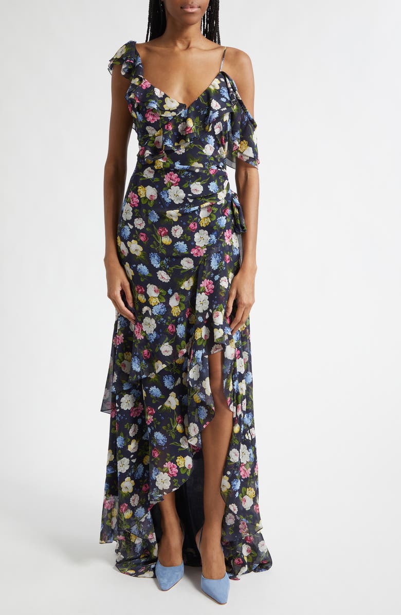 Carolina Herrera Floral Print Ruffle Asymmetric Silk Gown, Main, color, Midnight Multi