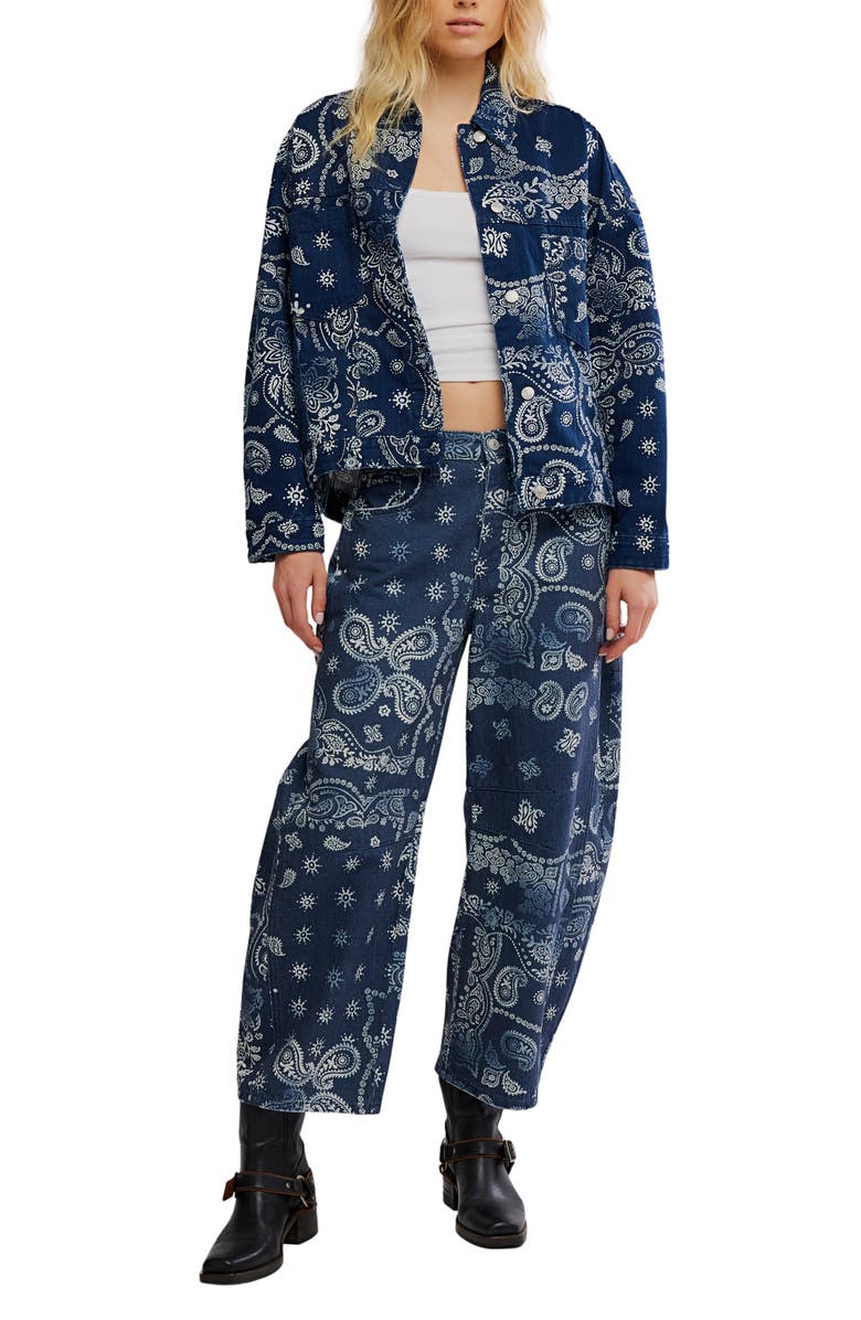 Free People Opal Swing Print Denim Jacket, Alternate, color, Navy Combo- Bandana