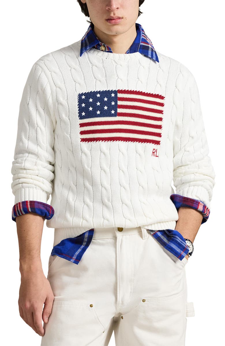 Polo Ralph Lauren Flag Intarsia Cabled Cotton Crewneck Sweater, Main, color, Ceramic White