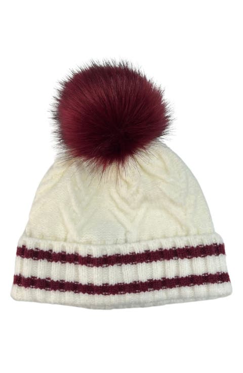 Varsity Faux Fur Pompom Cable Knit Beanie