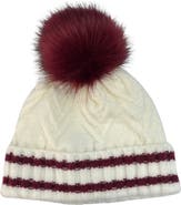 MARCUS ADLER Varsity Faux Fur Pompom Cable Knit Beanie