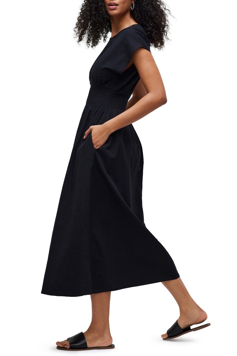 Stripe Smocked Waist Seersucker Midi Dress, Alternate, color, TRUE BLACK