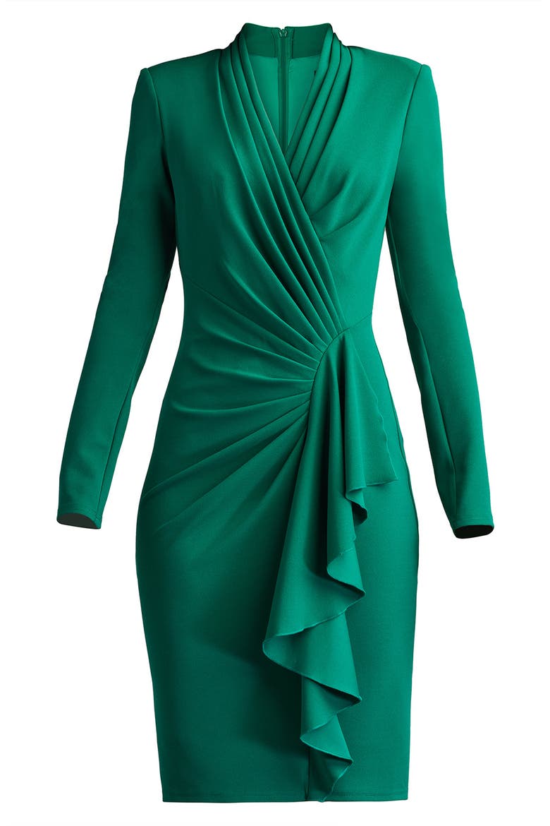 Ruffle Side Drape Long Sleeve Cocktail Dress, Alternate, color, EMERALD