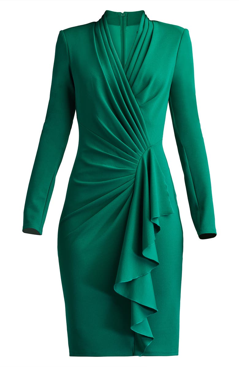 Tadashi Shoji Ruffle Side Drape Long Sleeve Cocktail Dress, Alternate, color, Emerald