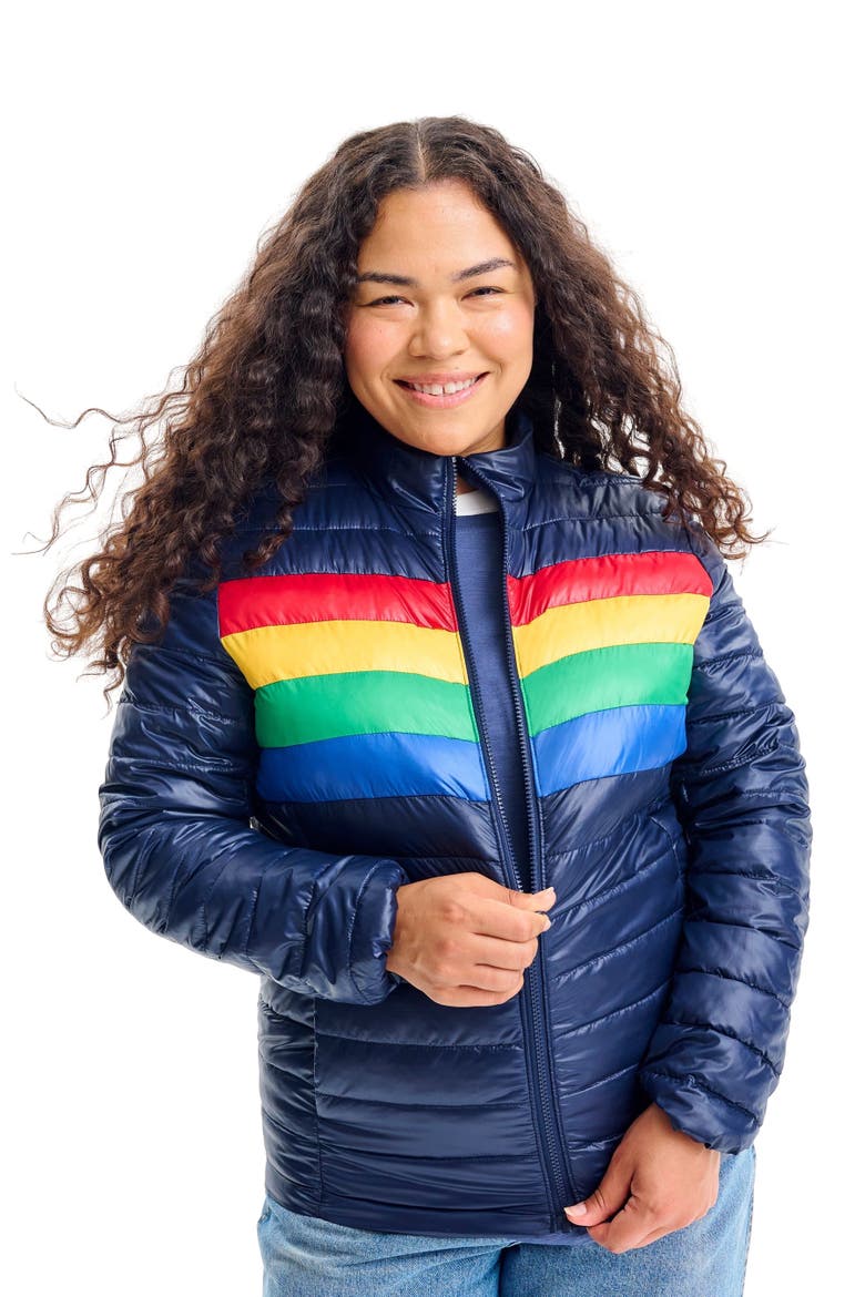 Grown-Ups Puffer Jacket In Stripe, Alternate, color, Navy Bold Rainbow