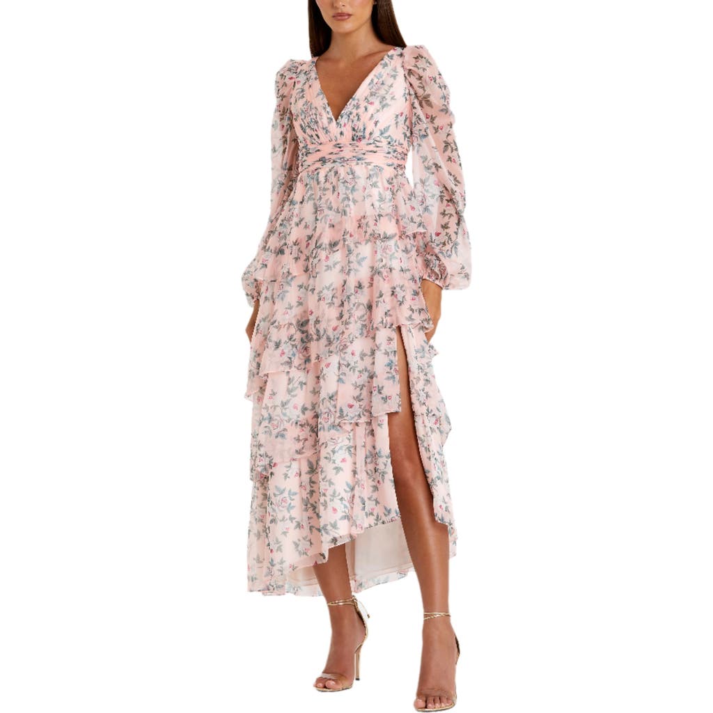 Mac Duggal Elegant Puff Sleeve Floral Midi Dress With A-line Silhouette And Side Pockets