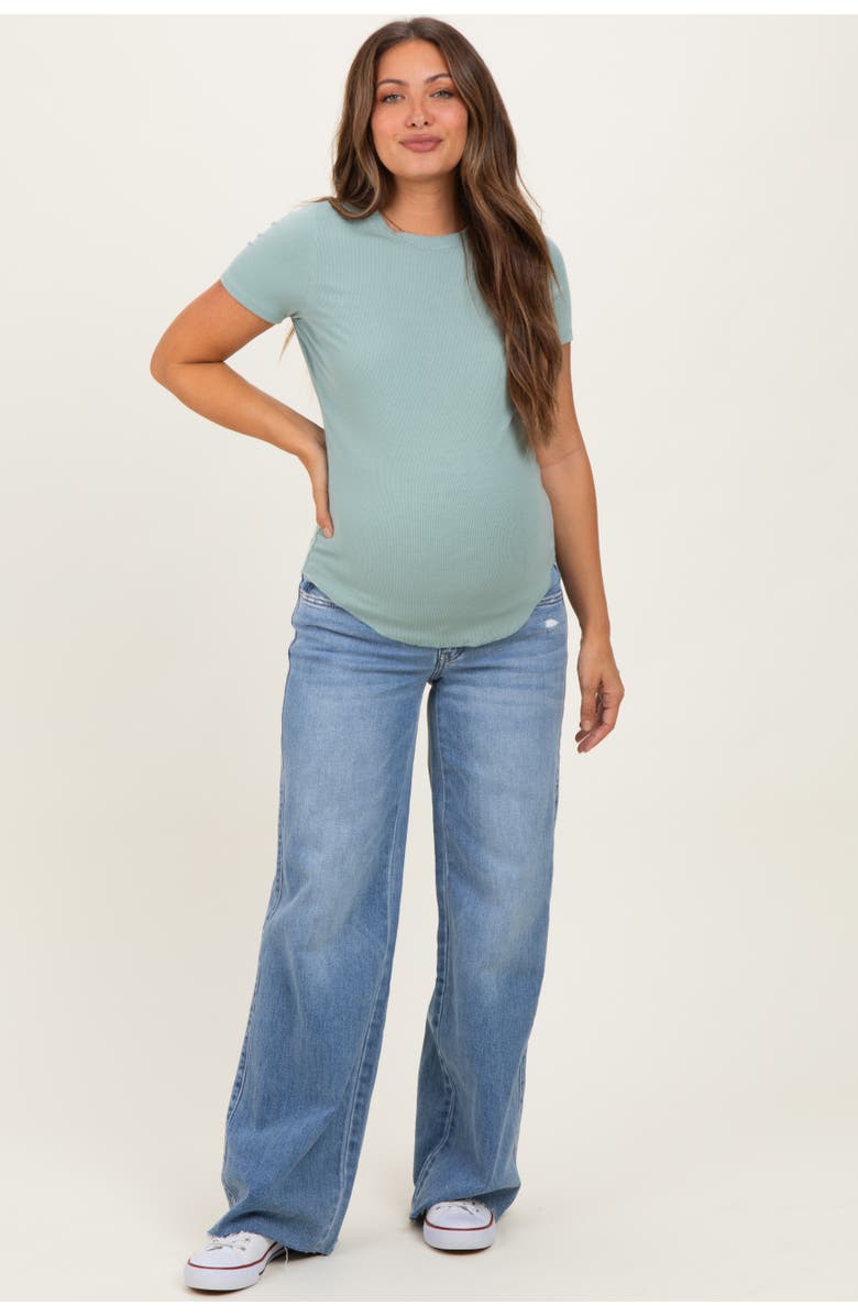 PinkBlush Wash Mid Rise Clean Cut Raw Hem Wide Maternity Jeans, Main, color, Blue