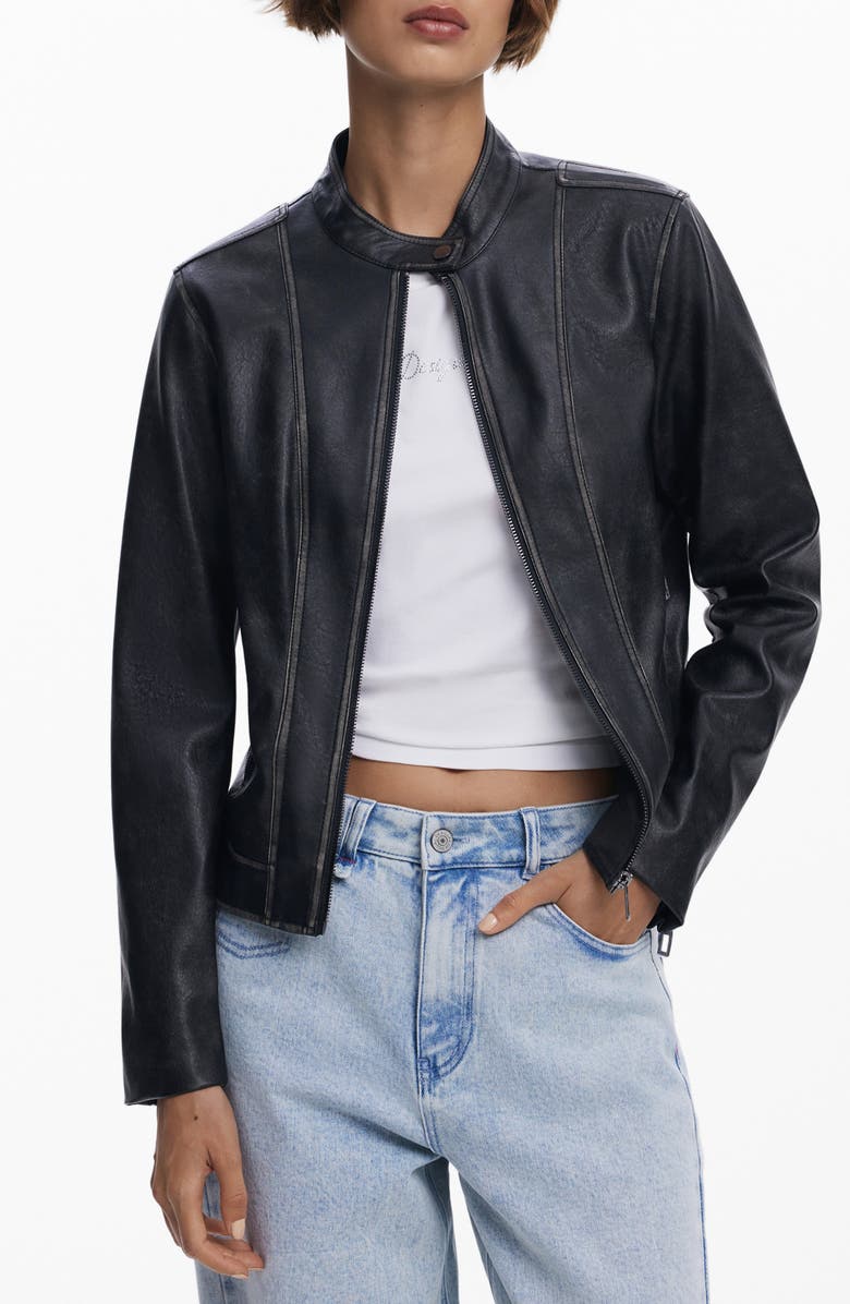 Desigual Faux Leather Moto Jacket, Main, color, Black