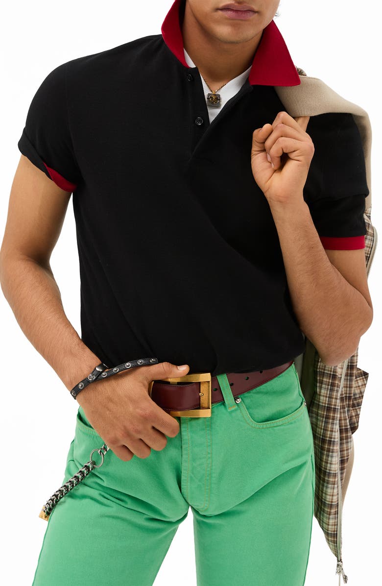 Versace Embroidered Medusa Cotton Piqué Polo, Main, color, Black Lipstick Red