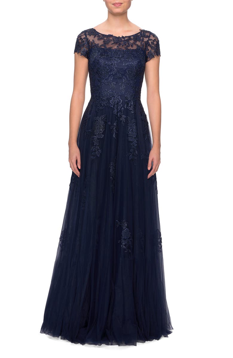 La Femme Embroidered Lace Illusion Yoke A-Line Gown, Alternate, color, 