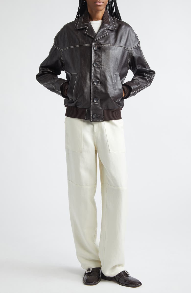 Wales Bonner Time Rib Trim Leather Jacket, Alternate, color, Dark Brown