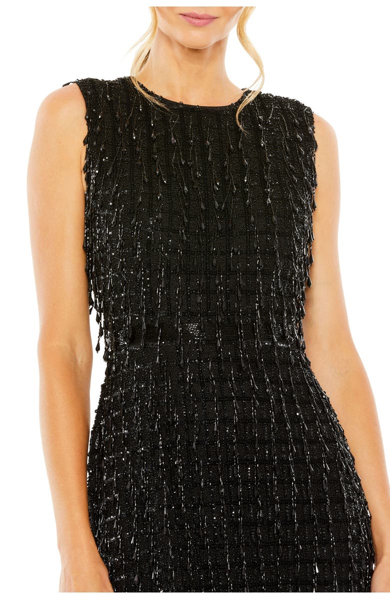 Mac Duggal Beaded Fringe Black Sleeveless Midi Dress, Alternate, color, Black