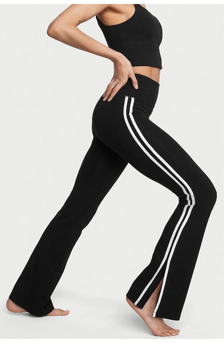 Lezat Ella Organic Cotton High-Rise Flare Stripe Leggings, Alternate, color, Black