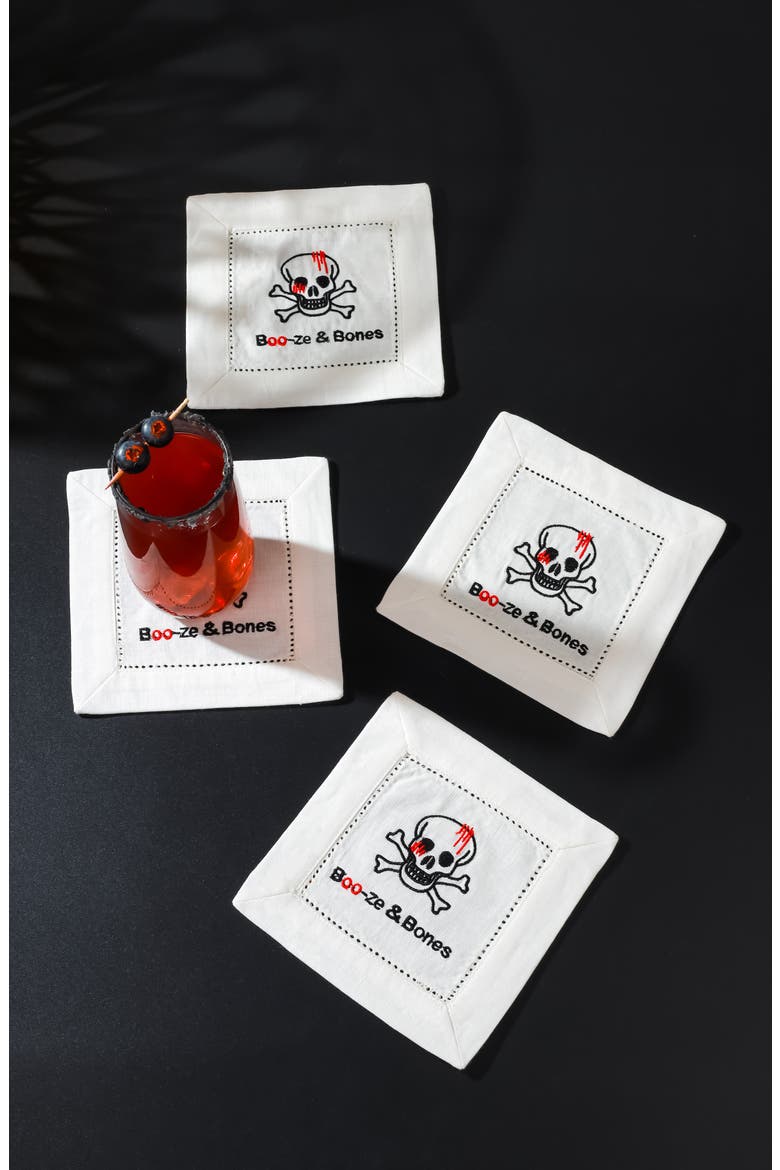Boo-Ze Bones Embroidered Linen Cocktail Napkins, Alternate, color, BLACK/ RED