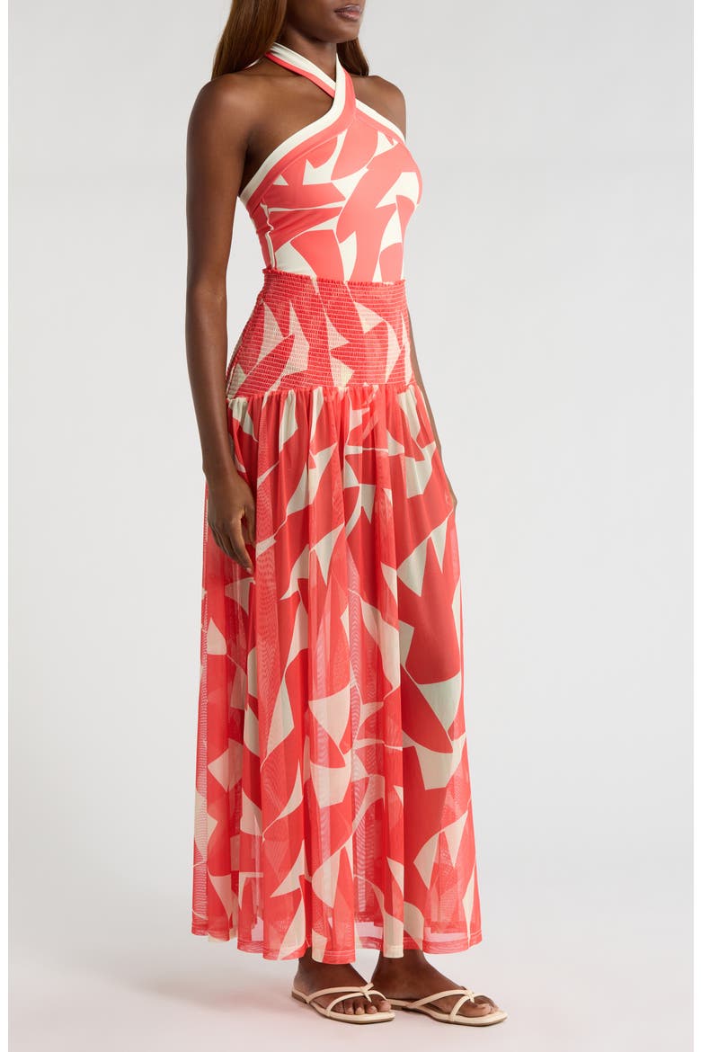 Smocked Cover-Up Maxi Skirt, Alternate, color, IVORY/CORAL GEO