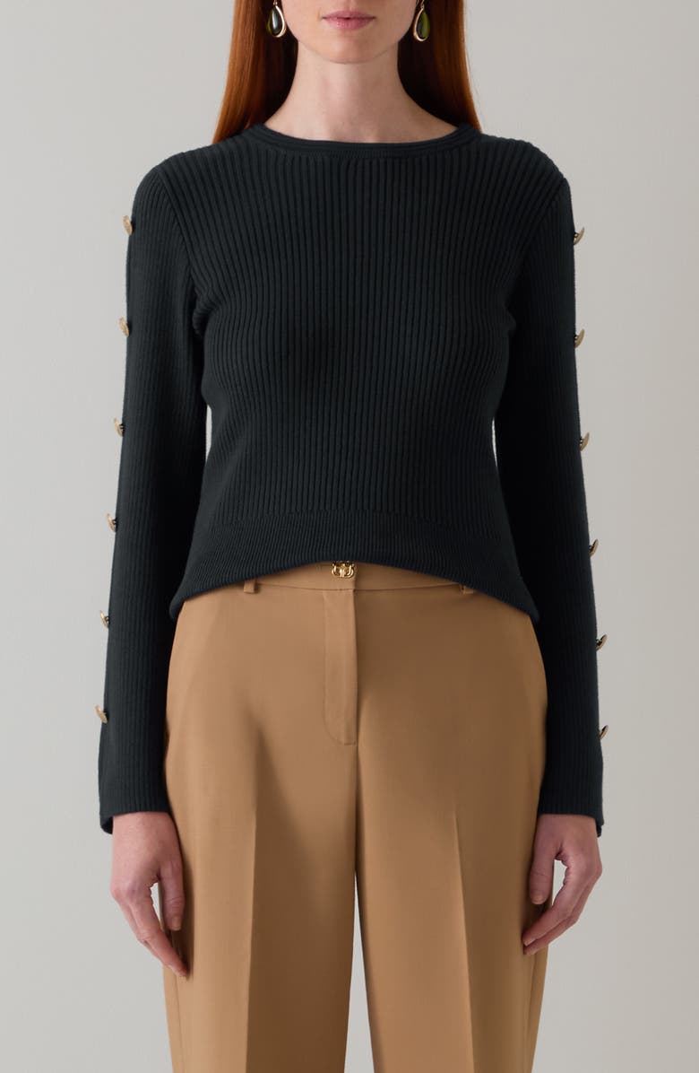 LK Bennett Mirren Button Sleeve Organic Cotton Sweater, Main, color, Navy