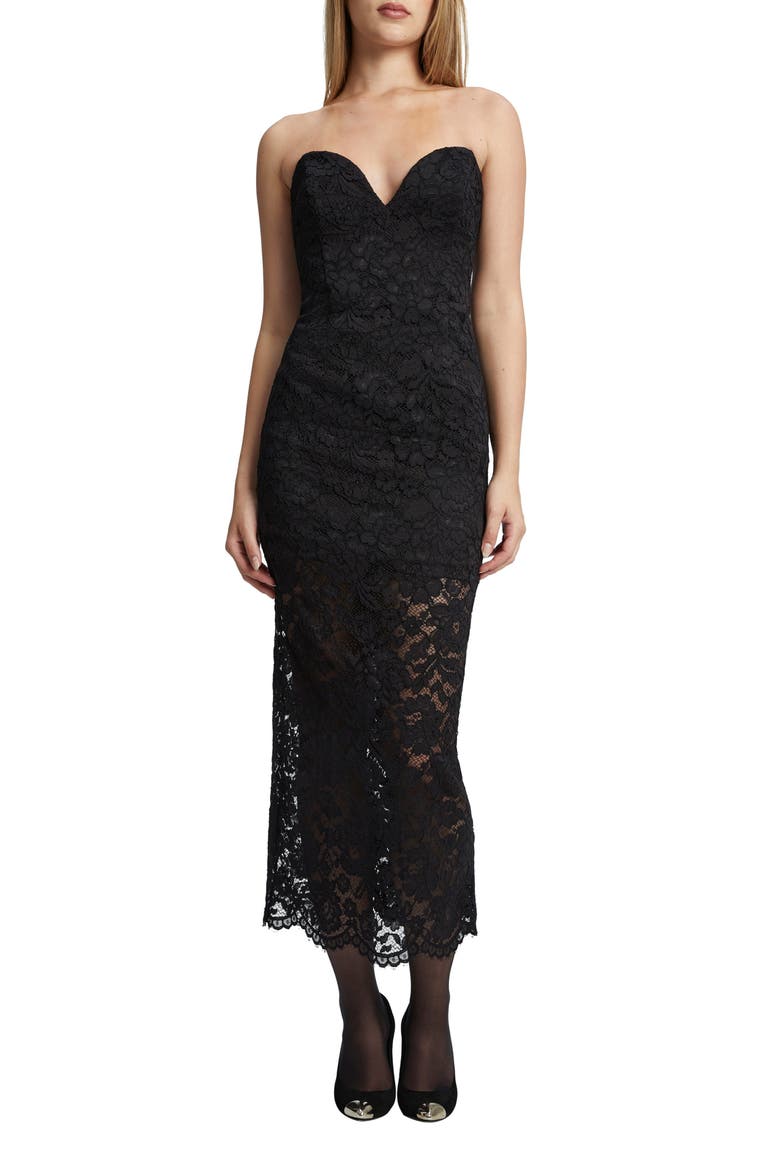 Artemis Strapless Lace Midi Dress, Main, color, BLACK