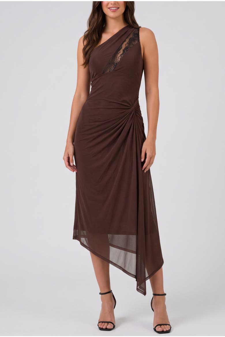 Kaia Lace One-Shoulder Midi Dress, Main, color, Rum Raisin