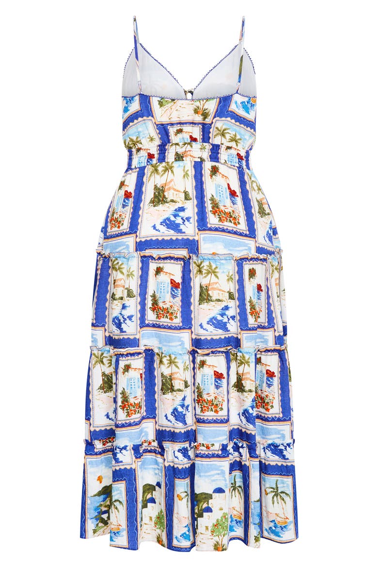 Aiza Postcard Print Tiered Tie Front Maxi Sundress, Alternate, color, BLUE POSTCARD