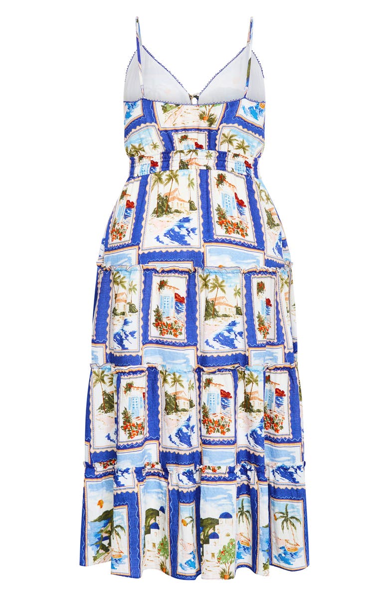 City Chic Aiza Postcard Print Tiered Tie Front Maxi Sundress, Alternate, color, Blue Postcard
