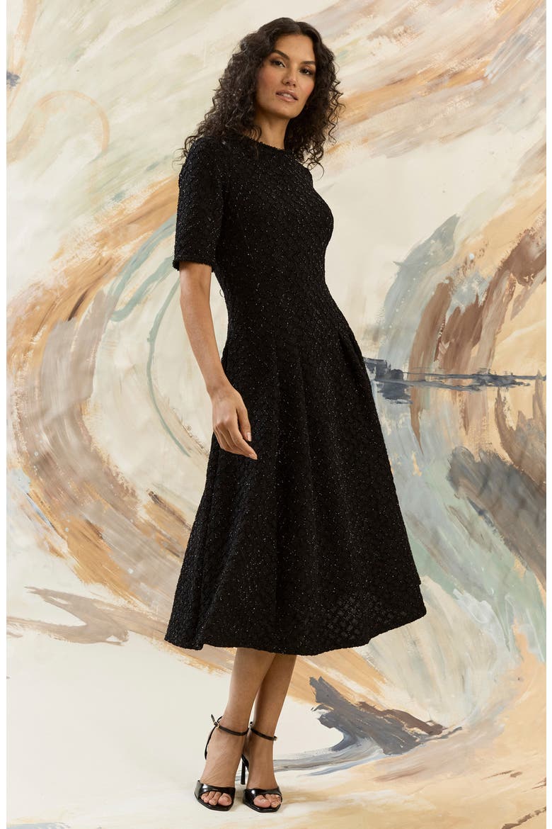 Metallic Fit & Flare Midi Dress, Alternate, color, BLACK