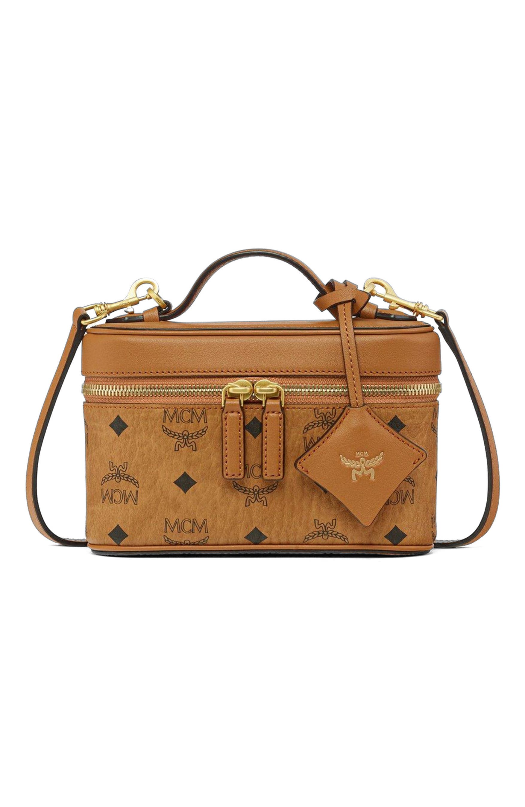 MCM Aren Vanity Case in Visetos Leather Mix, Alternate, color, Cognac