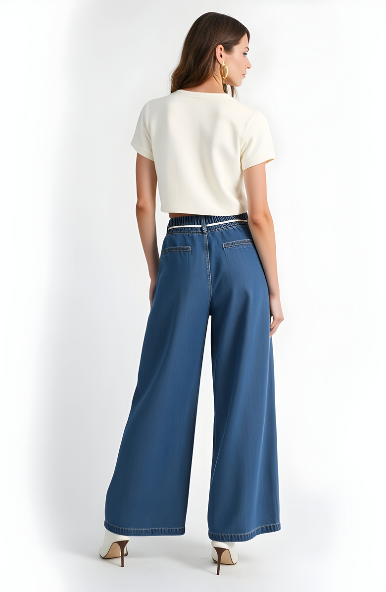 Modenaire Wide Leg Denim Pants with Tassel Drawstring Waist and Pleat Detail, Alternate, color,