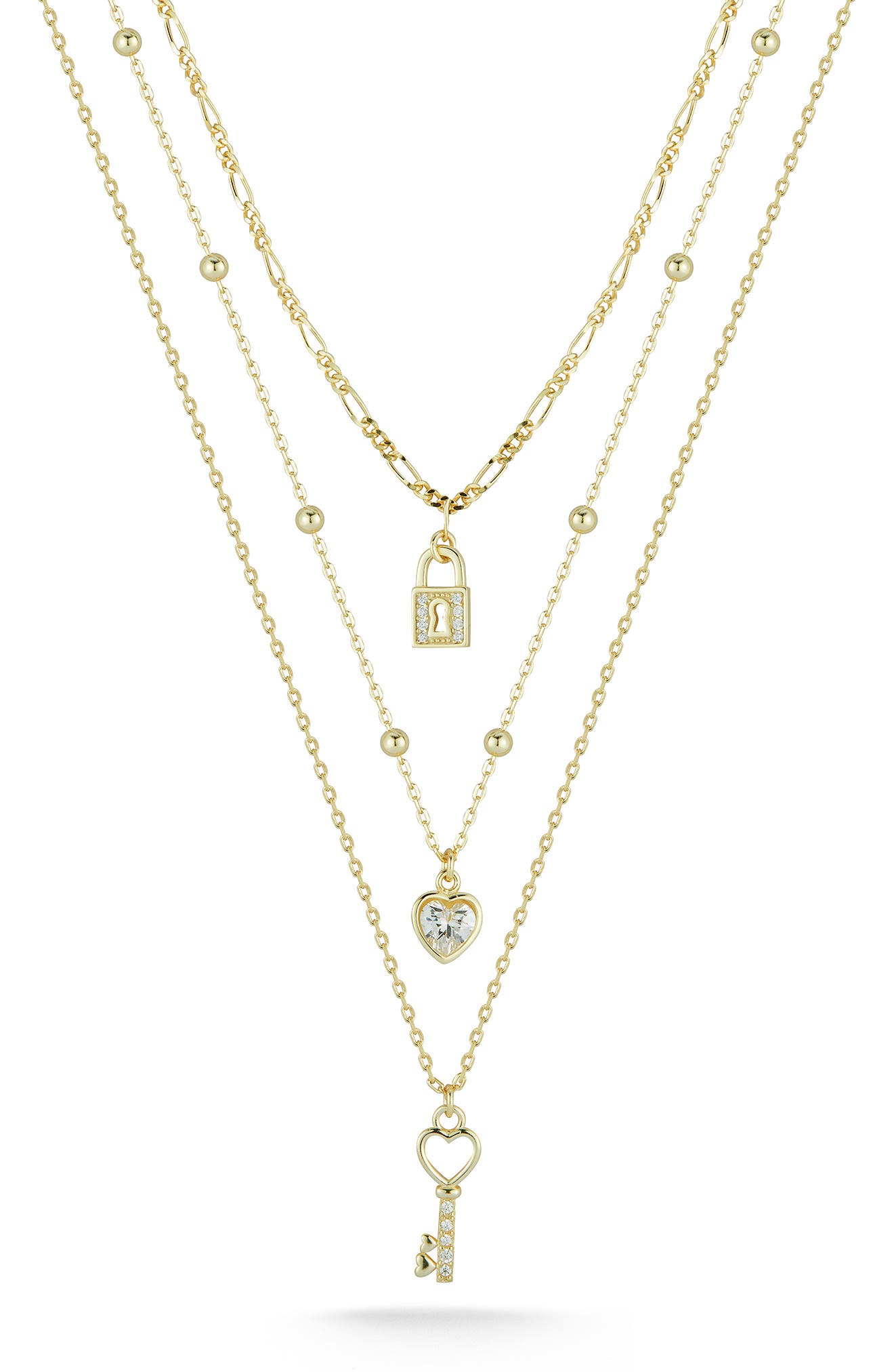 GLAZE JEWELRY Gold Vermeil Heart Lock Key Layered Necklace (Women ...
