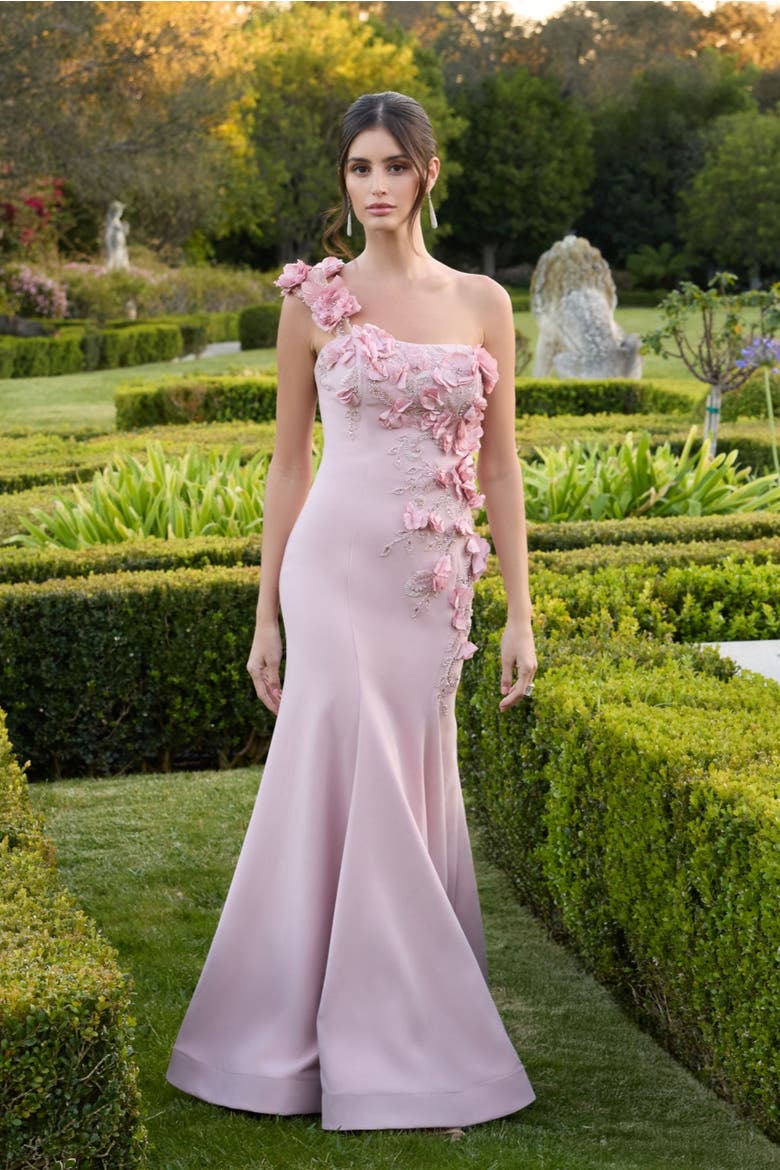 Crepe One Shoulder Floral Embellished Mermaid Evening Gown, Alternate, color, Mauve