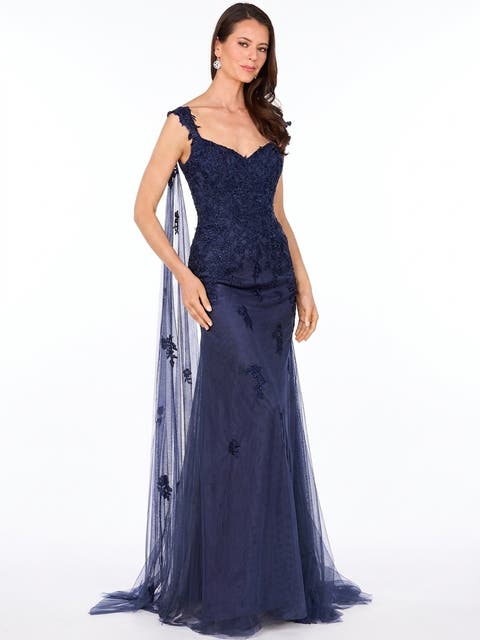 Off Shoulder Mermaid Beaded Gown with Feathers
