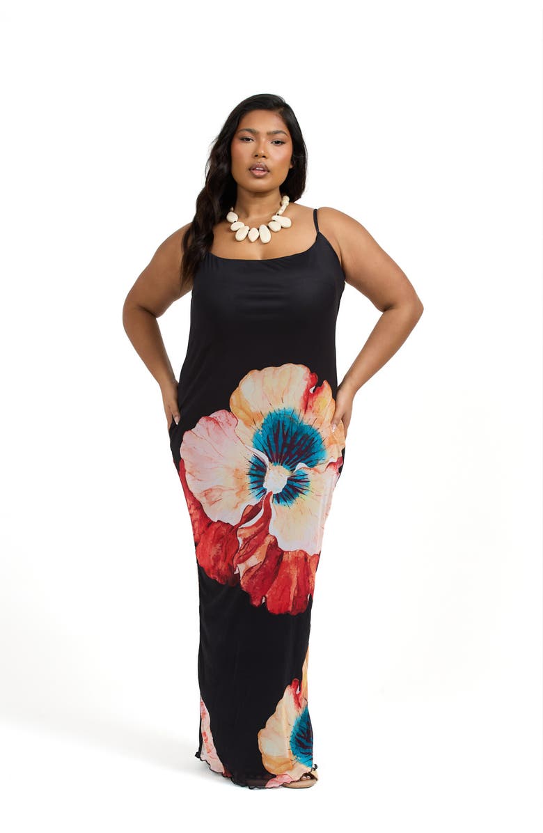 FASHION-SZN CURVE Strappy Floral Print Mesh Maxi Dress, Main, color, Black