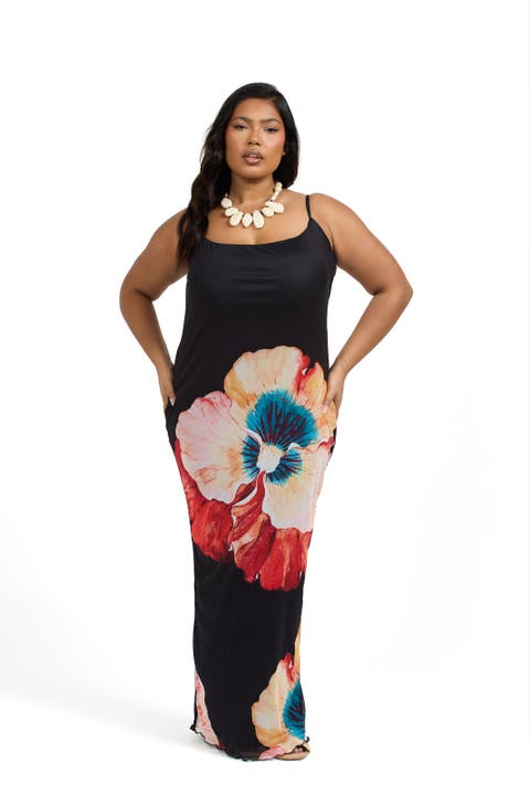 Strappy Floral Print Mesh Maxi Dress