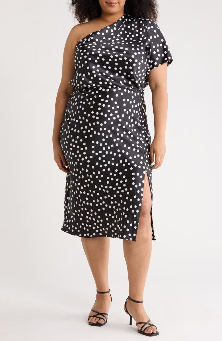 Renee C Polka Dot One-Shoulder Satin Midi Dress, Main, color, Black