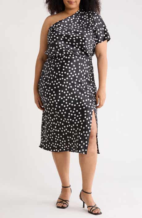 Renee C Polka Dot One-Shoulder Satin Midi Dress