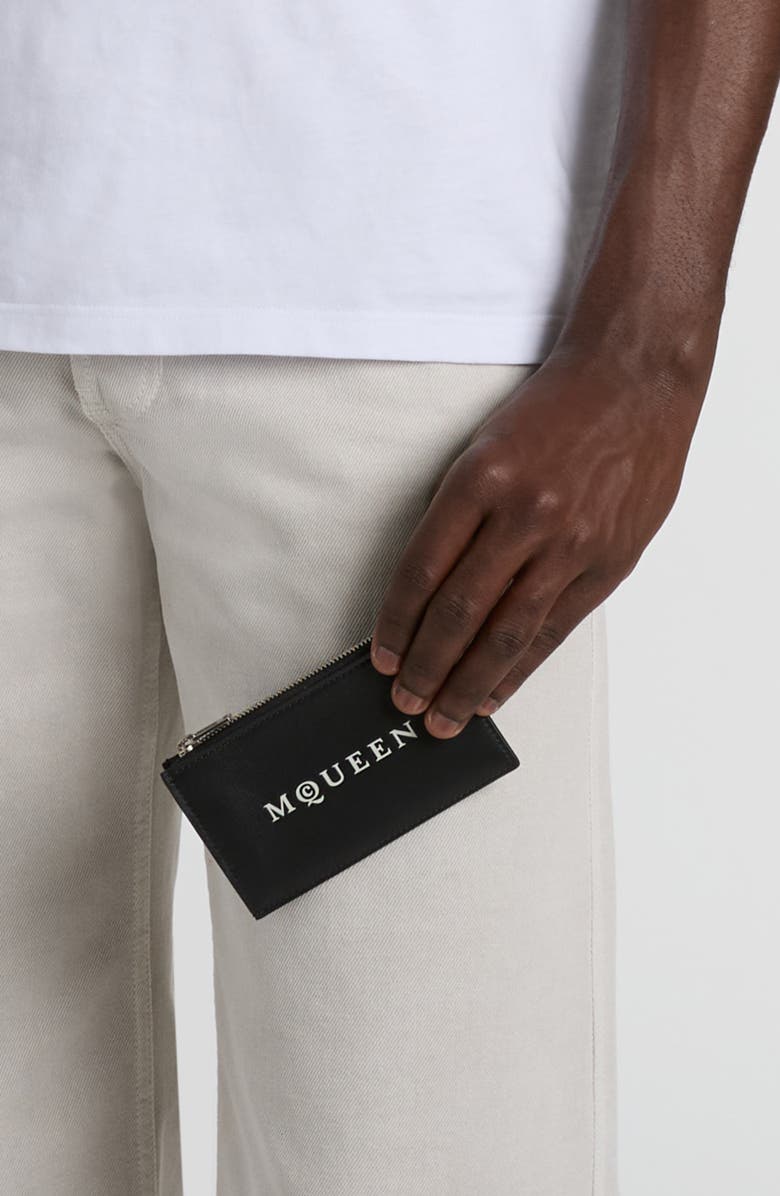 McQueen Logo Leather Zip Card Case, Alternate, color, Black/ Bone/ Silver