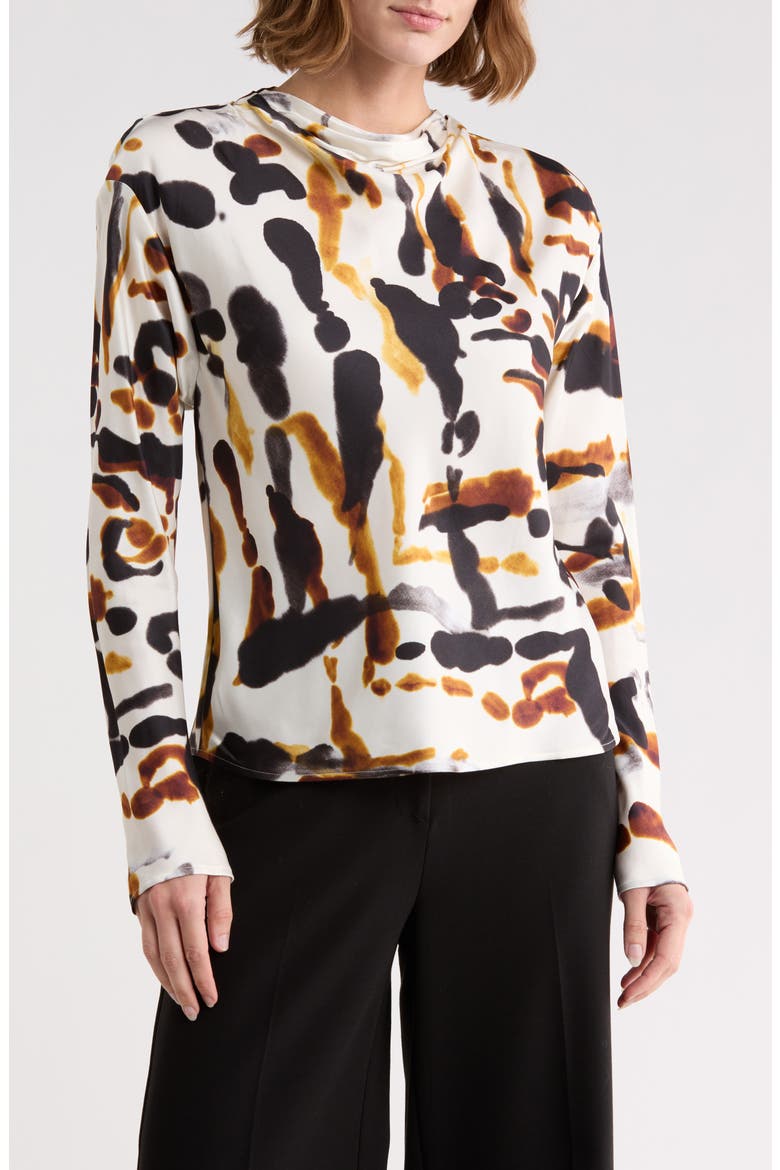 Georgia Long Sleeve Satin Top, Main, color, BLACK/ CAMEL