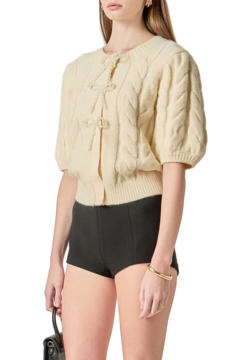 Bow Front Cable Stitch Cardigan, Alternate, color, CREAM