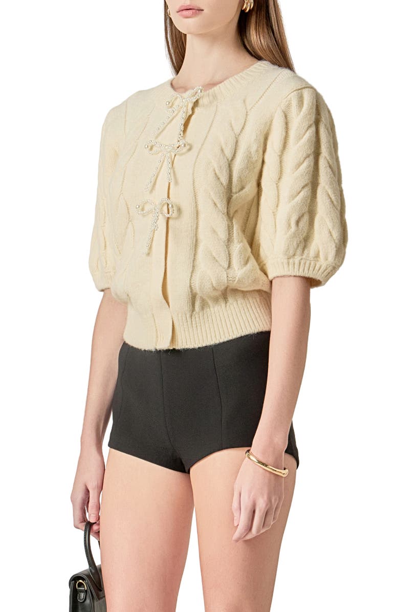 English Factory Bow Front Cable Stitch Cardigan, Alternate, color, Cream