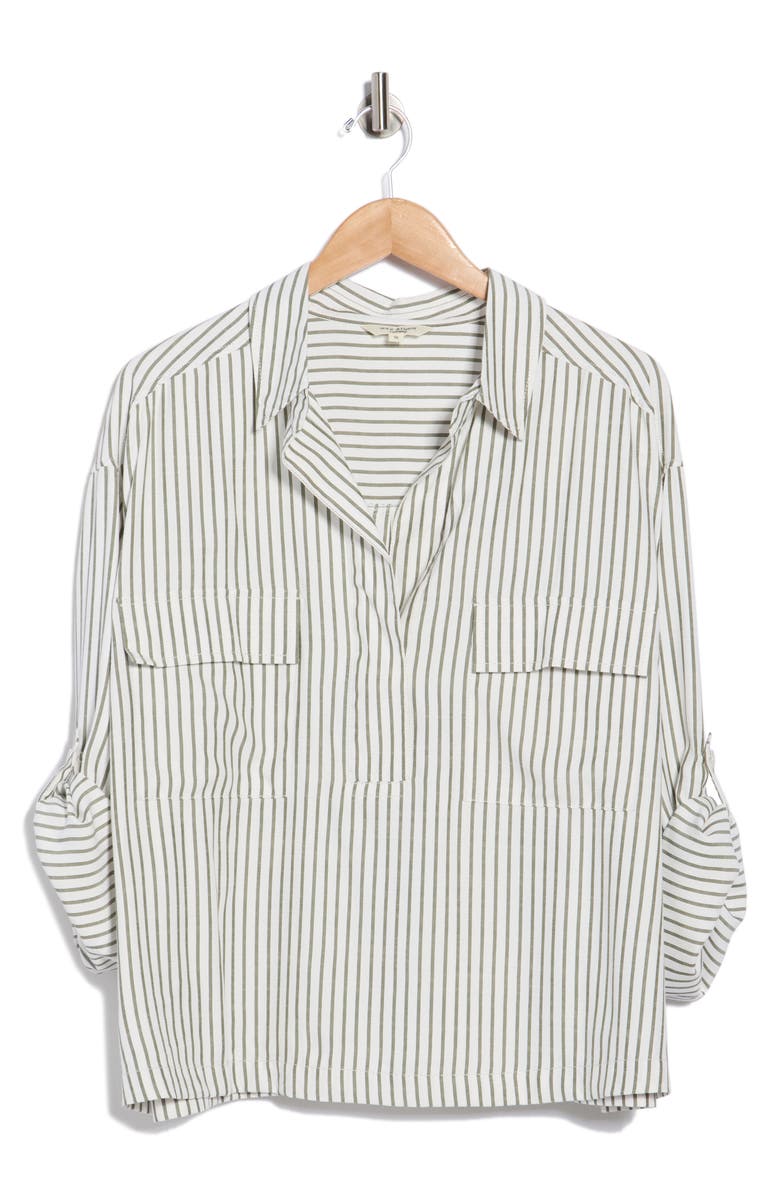 MAX STUDIO Stripe Utility Pocket Shirt, Main, color, Off White/ Olive Stripe