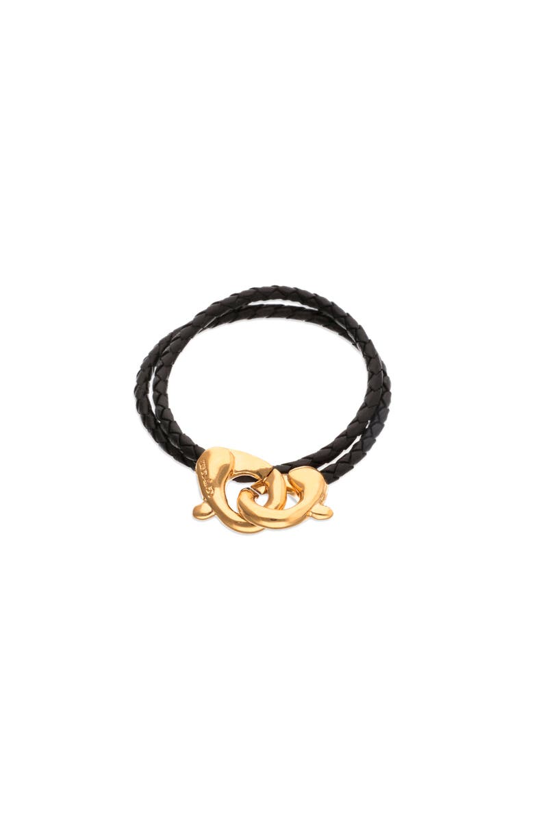 UNODE50 Black double leather strap with 18k gold-plated interlocking carabiner detail, Main, color, Gold