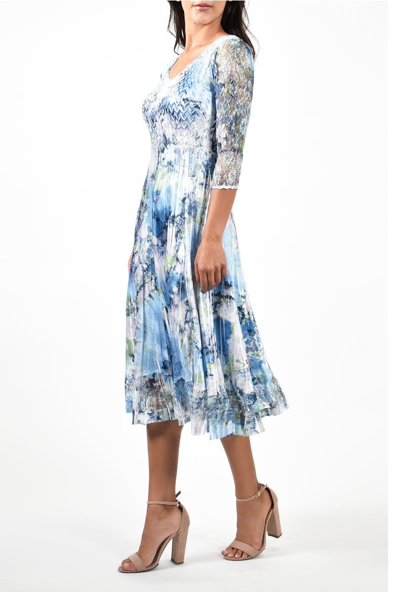 Blue Watercolor Print Charmuese 3/4 Sleeve Dress, Alternate, color, Luminaria