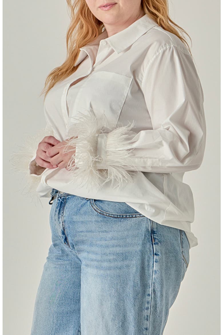 Faux Feather Trim Pointed Collar Shirt, Alternate, color, WHITE