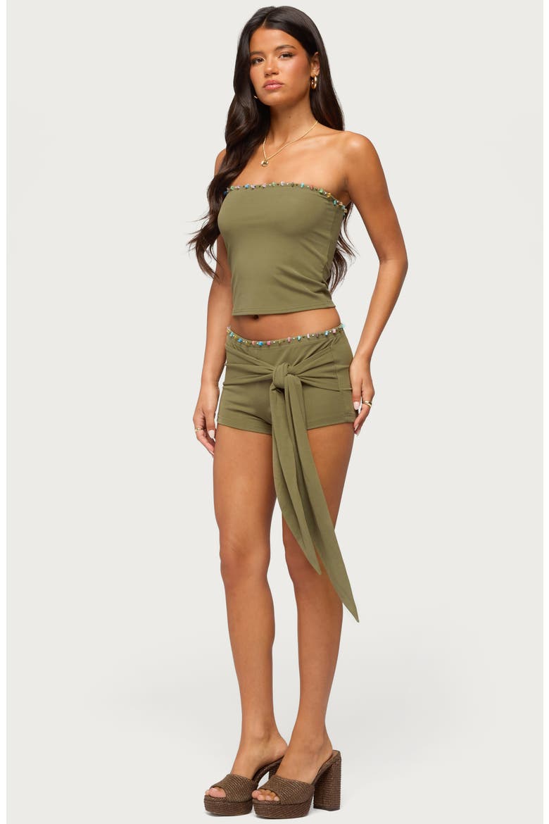 Monroah Beaded Low Rise Tie Waist Shorts, Alternate, color, OLIVE