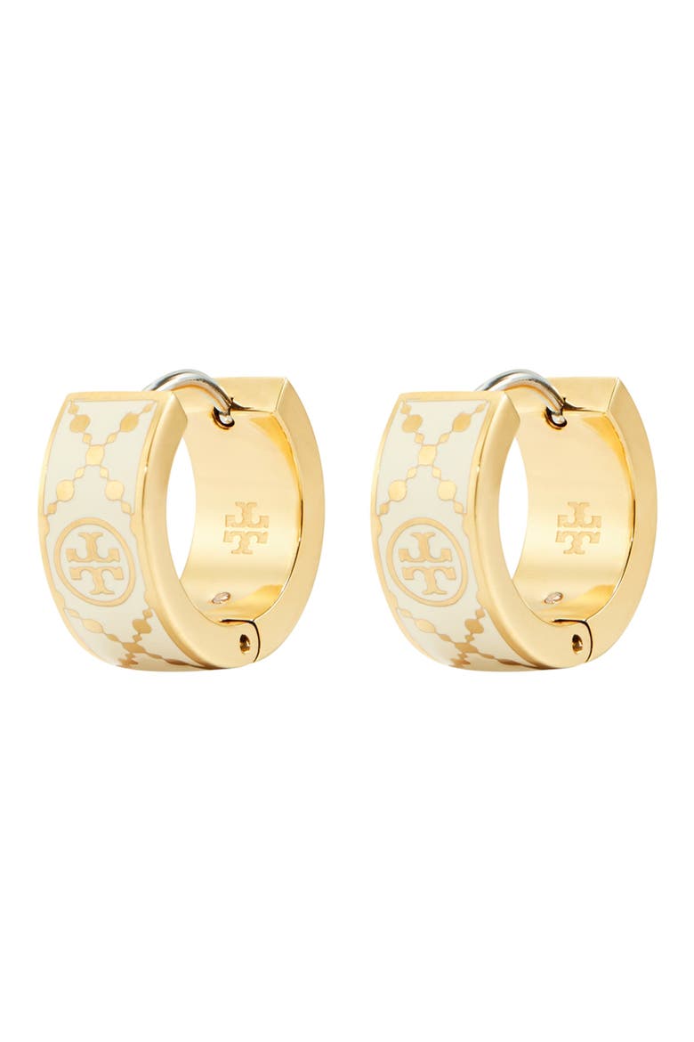 Small Icon T Monogram Hoop Earrings, Main, color, TORY GOLD / NEW IVORY