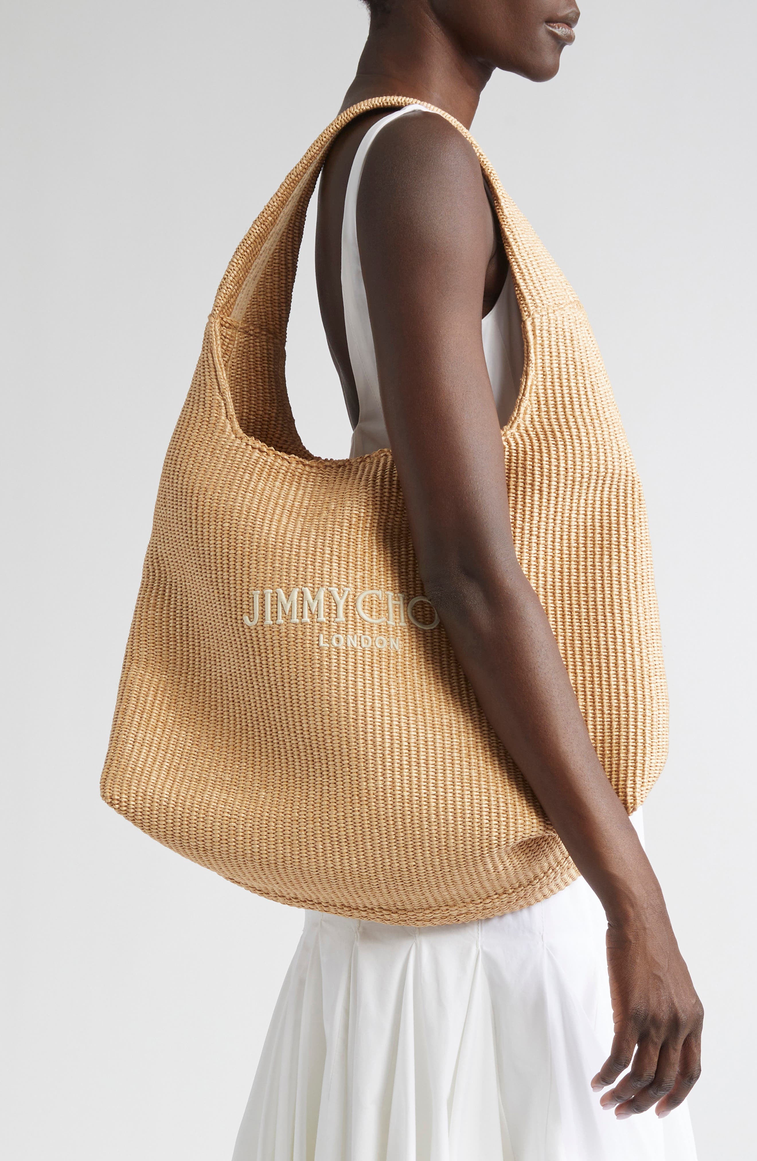 Jimmy Choo Large Beach Diamond Woven Raffia Hobo Bag, Alternate, color, 