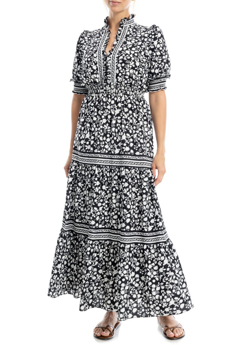 Floral Short Sleeve Tiered Maxi Dress, Main, color, BLACK/ WINTER WHITE