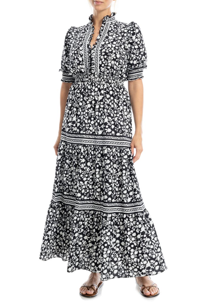 MAX STUDIO Floral Short Sleeve Tiered Maxi Dress, Main, color, Black/ Winter White