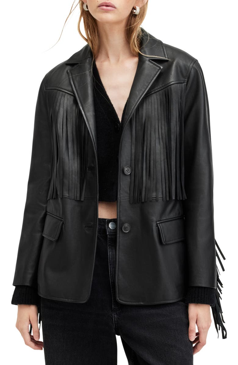 AllSaints Corinna Fringe Leather Blazer, Main, color,
