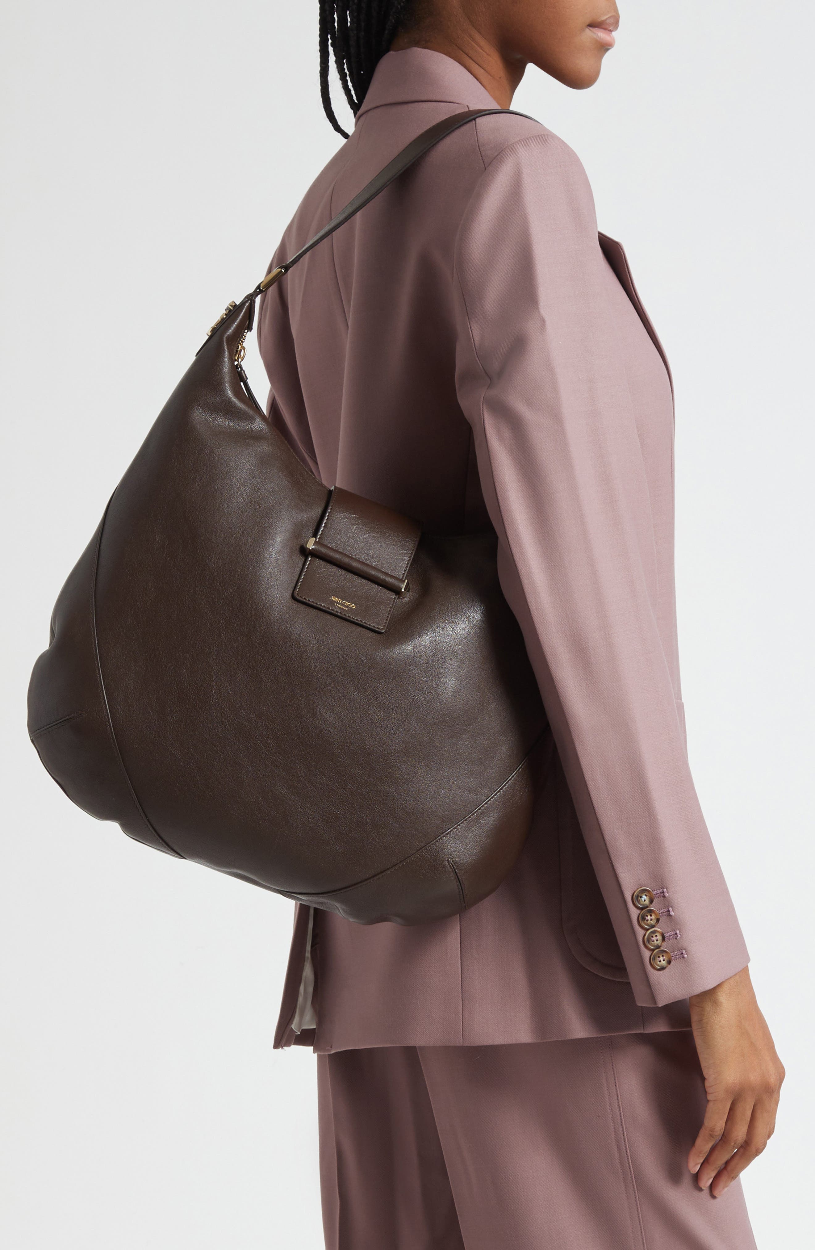 Jimmy Choo Bar Medium Leather Hobo Shoulder Bag, Alternate, color, Chocolate/ Shiny Gold