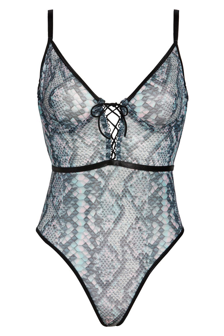 Snake Charmer Print Mesh Underwire Teddy, Alternate, color, GRAY
